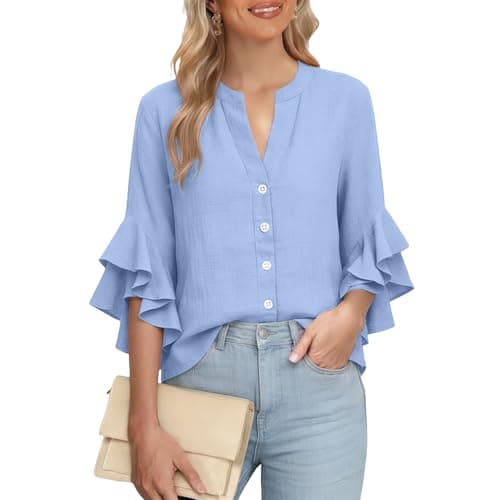 3/4 Ruffle Sleeve Cotton Linen Shirts for Women Dressy V Neck Beach Tunic Tops Elegant Summer Casual Work Blouses Light Blue — view 5