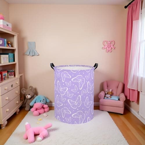 TIBAOLOVER Kids Laundry Basket Baby Hamper Toy Storage Bin for Boys Room Decor Baby Nursery Hamper Gift Baskets for Bedroom Bathroom(Purple Butterfly) — view 2