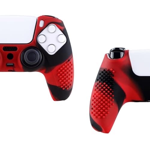 eXtremeRate PlayVital Black 3D Studded Edition Anti-Slip Silicone Cover Skin for ps5 Controller, Soft Rubber Case Protector for ps5 Wireless Controller with Thumb Grip Caps - Red & Black — view 3