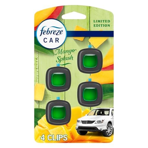 Febreze Car Air Freshener Vent Clip Multipack Mango Splash Scent, Long Lasting Smell Fighter for Strong Odors Car Febreze Clip Automotive Vent Air Freshener 4 Count