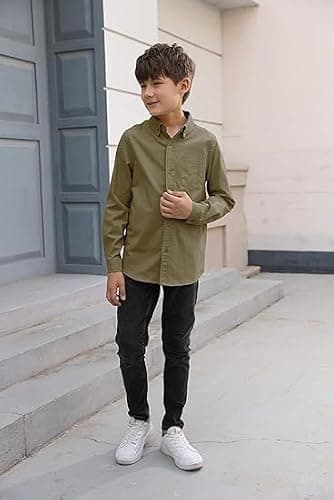 Haloumoning Boys' Long Sleeve Dress Shirts Classic Collared Button-Down Tshirt Solid Cotton Top with Chest Pocket, Army Green, 13-14 Years — view 3