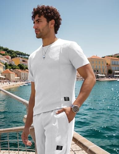 UOUA Mens Short Sets 2 Piece Summer Outfits Casual Short Sleeve Crew-Neck Shirts & Shorts Track Suit Jogging Loungewear, White M — view 3