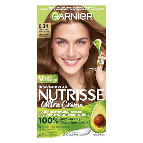Garnier Nutrisse Ultra Crème, Permanent Hair Dye, 100% Grey Coverage, Vegan Formula, Nourished Hair, Long-Lasting Rich Colour, 6.34 Amber Light Honey Brown, 1 Application, Packaging May Vary