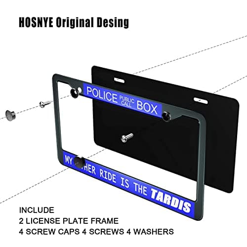 HOSNYE Police Box Police Call License Plate Frame Black 2 Pcs My Other Ride is The Tardis Blue Metal Cute Licenses Plates Frames Licenses Plate Covers Car Tag Frame for Women Men US Vehicles — view 3