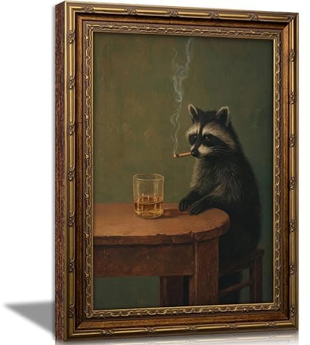 Vintage Gold Framed Smoking Raccoon Wall Art,Moody Dark Funny Animal Whiskey Cigar Canvas Print,Humor Funny Raccoon Wall Decor,Retro Bar Cart Poster Artwork,for Study Living Office Bar Decor