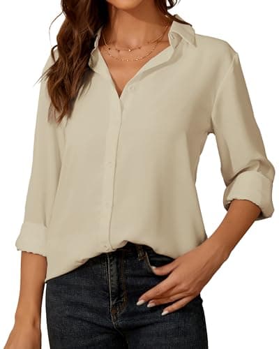 SPRING SEAON Women's Button Down Shirts Causal Collared Blouses Work Office Long Sleeve Chiffon Blouse for Ladies Beige XS