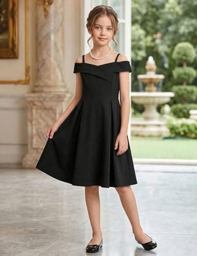Arshiner Girls Summer Dress Off Shoulder Fold Pleated Formal Elegant A-Line Party Dresses with Pocket Black for 11-12Years Girls — view 4