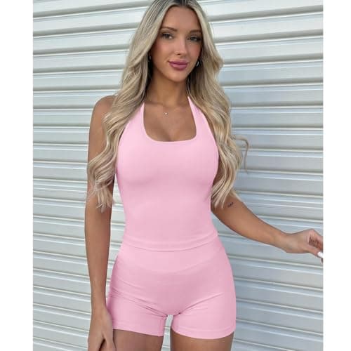 2Pcs Workout Sets for Women Longline Halter Tank Top Backless Scoop Neck&Hidden Scrunch Shorts Yoga Outfits Gym Tracksuit — view 3