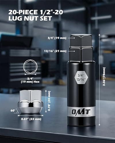 Orion Motor Tech 1/2"-20 Open End Lug Nuts, 3/4" 19mm Hex 0.84x0.9 in. Chrome Plated Wheel Lug Nuts Compatible with Dodge Dakota Ramcharger Ford Bronco Explorer F-150 Jeep Wrangler, Set of 20