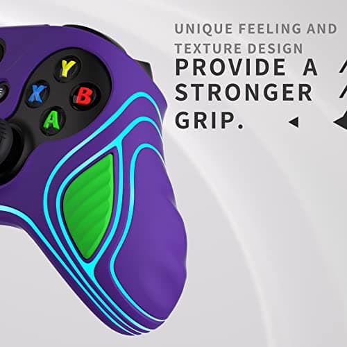 PlayVital Scorpion Edition Anti-Slip Silicone Case Cover for Xbox Series X/S Controller, Soft Rubber Case for Xbox Core Wireless Controller with Thumb Grip Caps - Neon Genesis Purple & Green — view 4