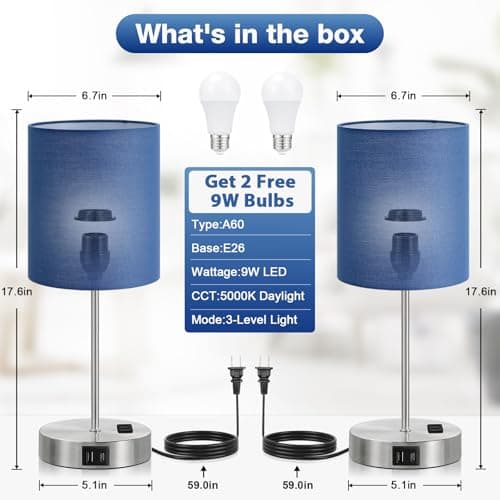 Blue Touch Lamps for Nightstand Set of 2 - Bedside Table Lamp for Bedroom with Dual USB Ports & AC Outlet, 3-Way Dimmable Lamps for Living Room Boys Room, Night Light with 5000K Daylight Bulbs — view 3