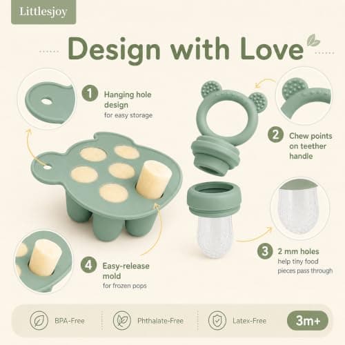 LittlesJoy Silicone Baby Fruit Feeder/Food Pacifier/Breastmilk Popsicle Molds for Purees - Teething Relief Teether for Infant Self Feeding - BPA Free (Sage) — view 5