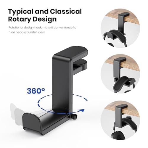 3in1 Rotating Headphone Holder - EURPMASK 3in1 PC Gaming Headset Holder w/Detachable Controller Holder, Adjustable Clamp-on Headset Stand,Headphone Hanger Hook Under Desk w/Cable Clip Organizer,Black — view 4
