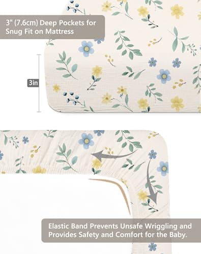 Pack and Play Sheets for Baby Boy and Girl 2 Pack, Neutral Muslin Cotton Pack N Play Mattresses Sheet 27"x39", Muslin Nursery Bedding Soft and Breathable Comfort (Spring Garden & Sage) — view 4