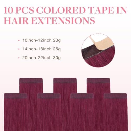 GOO GOO Tape in Hair Extensions Human Hair, Burgundy Red 10pcs 25g 16inch, Colored Tape ins Human Hair Extensions, Straight Remy Hair Highlighted for Party, Silky&Soft Invisible Tape Ins — view 2