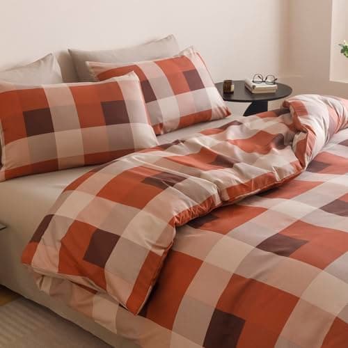 Wellboo Red Plaid Comforter Sets King Size Taupe and Orange Grid Bedding — view 2