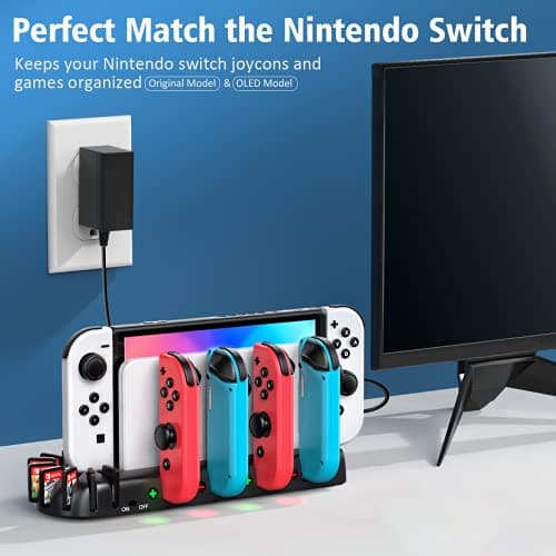 Switch Controller Charger Dock Station Compatible with Nintendo Switch Accessories & OLED Model Joycons, KDD Joycon Charging Dock Station with Upgraded 8 Game Storages, Game Accessories — view 5
