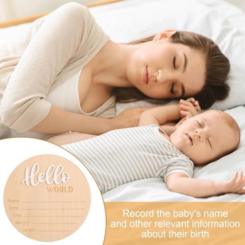Newborn Announcement Sign with Pen, 5.9in Wooden Hello World Baby Welcome Sign for Newborn Boys and Girls Photo Props Baby Shower Hospital Nursery (White) — view 5