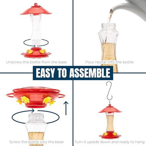 MEKKAPRO Hummingbird Feeders for Outdoors Glass - Red Hummingbird Feeders for Outdoors, Metal Ring, Bee-Proof Design, Easy Assembly, Red Hummingbird Feeder (Modern, 10oz) — view 3