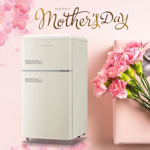 DEMULLER 100L Retro Mini Fridge with Freezer Dual Doors & Handles Compact Refrigerator with 7 Thermostat Control Freestanding Small Fridge with LED Light Cream — view 3