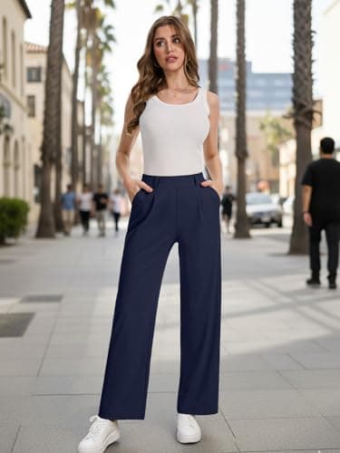 Feiersi Womens Dress Pants Wide Leg Pull On Stretchy Work Pants High Waisted Business Trousers with Pockets(Navy Blue,Large) — view 4