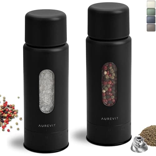 Aurevit Salt and Pepper Grinder Set Manual, Salt and Pepper Mill with Ceramic/Stainless Steel Core, External Adjustable Coarseness, Refillable, Durable (2 Packs, Black)