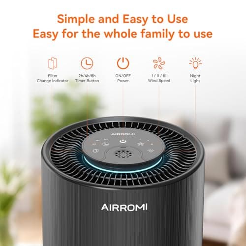 AIRROMI Air Purifier for Bedroom with HEPA 3-in-1 Filter, Pet Air Purifier for Home Cat Pee Smell, Covers Upto 990 Ft², Quiet 360°intake Air Cleaner for pet hair,allergies,pollen,Smoke，A2001 Black — view 2
