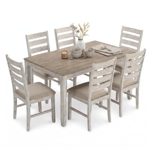 Signature Design by Ashley Skempton Cottage Dining 7 Piece Set – Rectangular Table & 6 Upholstered Chairs | Coastal Chic Meets Farmhouse, Whitewash