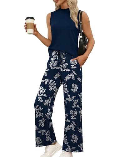 WIHOLL Two Piece Set for Women Summer Spring Outfits Cruise Travel Airport Beach Vacation Trendy Lounge Sets Mock Neck Matching Women Clothing Wide Leg Pants Set M