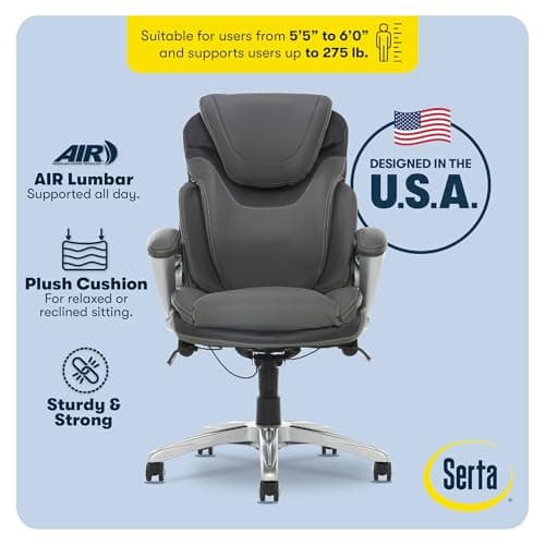 Serta Bryce Executive Office Chair - Ergonomic Computer Desk Chair with Patented AIR Lumbar Technology - Adjustable Height - Memory Foam Body Pillows - 360° Swivel Rolling Base - Bonded Leather - Gray — view 3