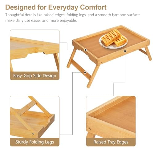 Breakfast Tray with Folding Legs Set of 2, Bamboo Bed Tray Table 15.7" Foldable TV Dinner Tray with Ergonomic Wave Handles for Bed Couch Sofa, Breakfast, Snacks, Coffee, Natural — view 5