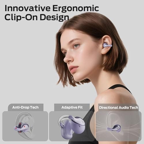 Monster Open Ear AC225 Earbuds, Bluetooth 6.0 Wireless Headphones, Stereo Sound, Lightweight Comfort Clip-On Earbuds with ENC Mic for Clear Calls, 36H Playtime, Touch Control, IPX6 Waterproof, Purple