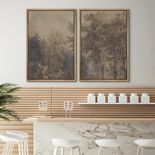 SIGNWIN Framed Canvas Print Wall Art Set Vintage Tree Sketch Classic Sepia-Toned Forest Illustrations Modern Art Scenic Colorful for Living Room, Bedroom, Office - 24"x36"x2 Natural — view 3