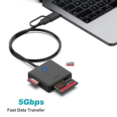 Memory Card Reader, BENFEI 4in1 USB 3.0 and USB-C to SD Micro SD MS CF Card Reader Adapter, 4 Cards Simultaneously Read and Write, Compatible with iPhone 15 Series, MacBook Pro/Air 2023, and More — view 4