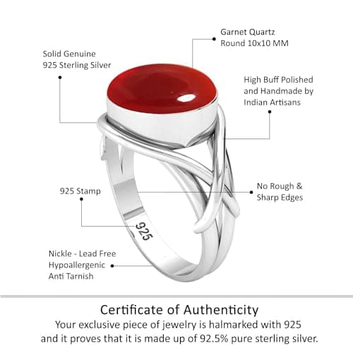 JEWELOPORIUM Red Garnet Quartz Silver Ring Size 8.5, 925 Sterling Silver Ring for Women, Round Gemstone Handmade Jewelry — view 3