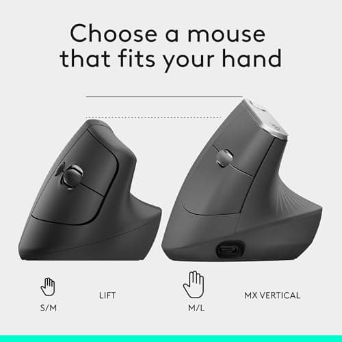 Logitech Lift Vertical Ergonomic Mouse, Wireless, Bluetooth or Logi Bolt USB Receiver, Quiet clicks, 6 Buttons, Compatible with Windows/macOS/iPadOS, Laptop, PC - Graphite — view 8