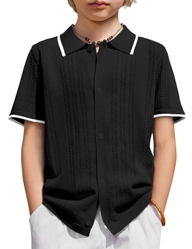 Arshiner Boys Button Down Shirt Short Sleeve Knit Shirt Summer Vintage Fashion Casual Beach Shirts for Kids 3-14 Years Black