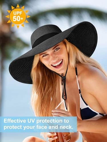 Senker Fashion Sun Hats for Women Oversize Wide Brim Straw Beach Hat Floppy Foldable Roll-Up Summer Vacation UPF 50+ Black — view 4
