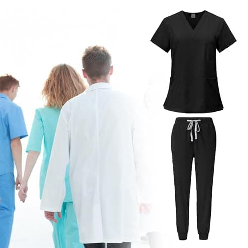 YIJU Female Scrub Set Nurse Workwear V Neckline Professional Machine Washable Top and Joggers Pant Work Clothing for Beauty Center, Black, L — view 2