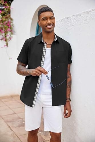 COOFANDY Men's Button Down Shirts Short Sleeve Casual Shirts Summer Beach Shirts Vacation Wedding Shirts with Pocket Black — view 3