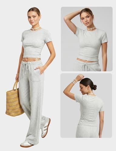 Flevita Womens Two Pcs Lounge Sets Short Sleeve Slim T-shirt and High Waisted Wide Leg Pants with Pockets Soft Pajama Set 29" Inseam Pants Grey M — view 5