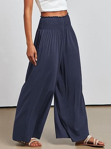 ANRABESS Women Palazzo Pants Summer Boho Bagyy Wide Leg High Smocked Waist Casual Loose Lounge Pant with Pocket Deep Blue Medium — view 4