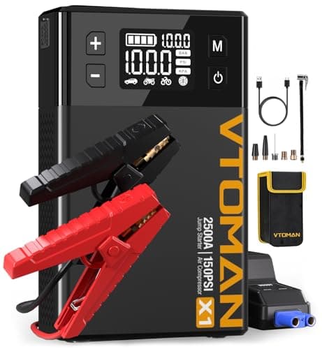 VTOMAN X1 Jump Starter with Air Compressor, 2500A Portable Battery Booster (Up to 8.5L Gas/6L Diesel Engines) with 150PSI Digital Tire Inflator, 12V Power Pack Car Jump Box Charger with LCD Display