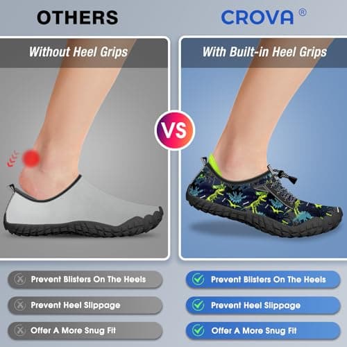 CROVA Built-in Heel Grips Water Shoes for Kids Girls Boys Hiking Shoes Wide Barefoot Swim Beach Pools Slip-On Quick Dry Lightweight for Big Little Kids Toddler