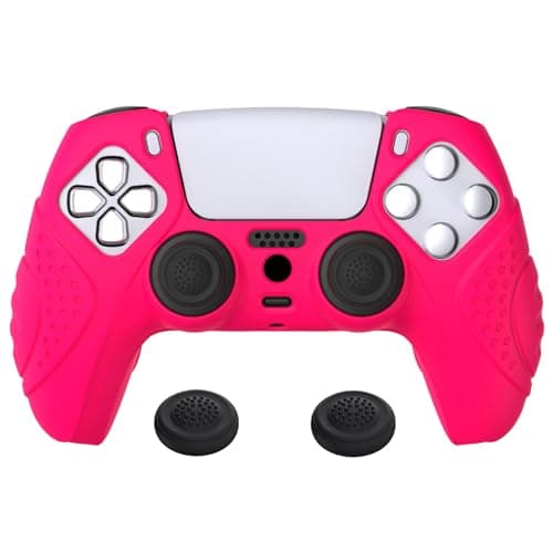 eXtremeRate PlayVital Guardian Edition Ergonomic Soft Anti-Slip Controller Silicone Case Cover for ps5, Rubber Protector Skins with Black Joystick Caps for ps5 Controller - Bright Pink
