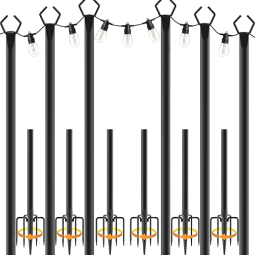 NSHWFW 6 Pack 10 ft Heavy Duty Metal String Light Poles Adjustable Outdoor Lighting Stand for Patio,Backyard,Garden,Party & Wedding Rustproof & Sturdy with Hooks