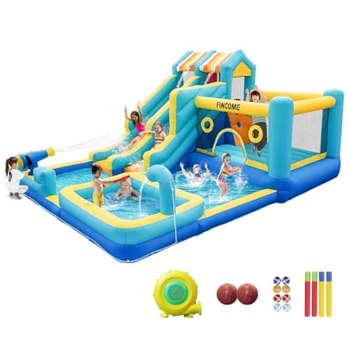 FINCOME Inflatable Bounce House, 10 in 1 Double Water Slide Bounce House with 750W Blower, Climbing Wall, Jumping, Water Gun, Splash Pool, Basketball Hoop for Kids Indoor Outdoor Backyard