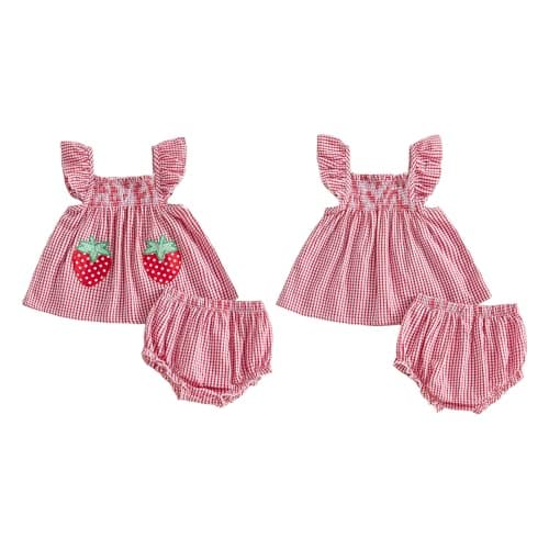 Baby Girl Summer Clothes Strawberry Cherry Ruffle Dress Tops Shorts Sets Bow Flower Bloomers Infant Newborn Outfit (03 Strawberry Red, 12-18 Months) — view 5