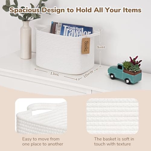 Goodpick Rope Basket, Storage Baskets for Organizing, Rectangle Baby Nursery basket with Handles, Small Woven Basket for Shelves, Living Room, 13 x 10 x 9 Inches, White — view 2