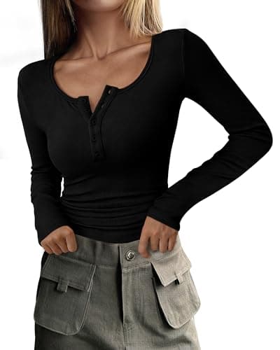 PRETTYGARDEN Women's 2026 Fall Long Sleeve Henley T Shirts Button Ribbed Knit Slim Fit Basic Tops Blouse Casual Outfits (Black,Large)